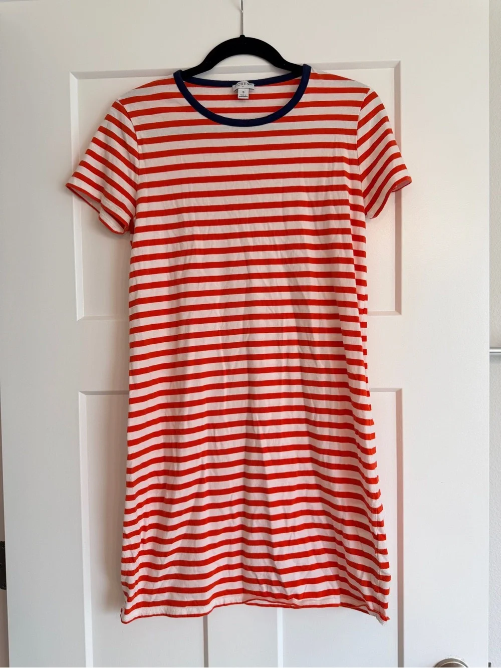 J. Crew Red and White Striped Midi Dress with Navy Trim